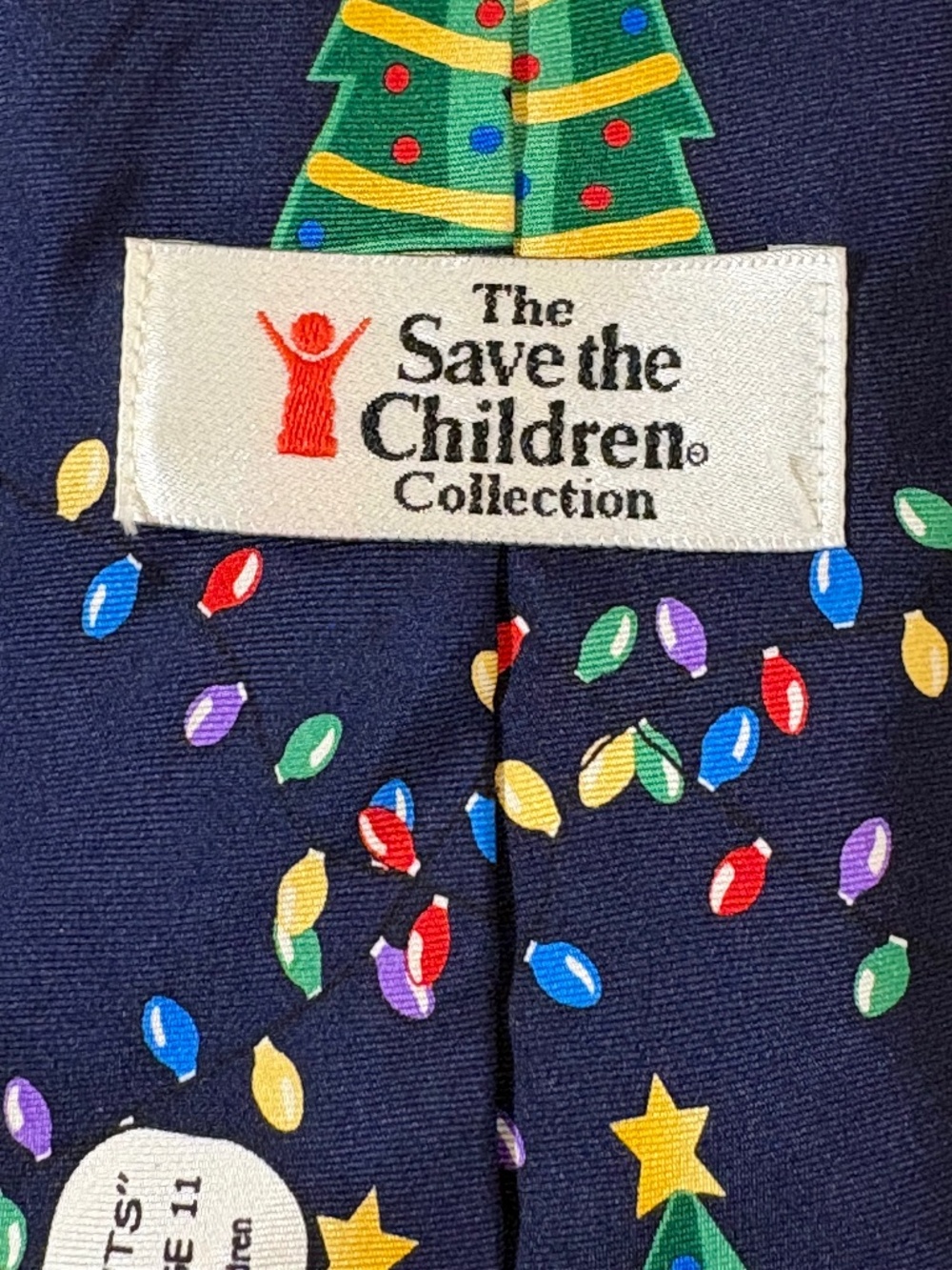VTG Save the Children Silk Christmas Tie Holiday Lights Navy Blue 4"